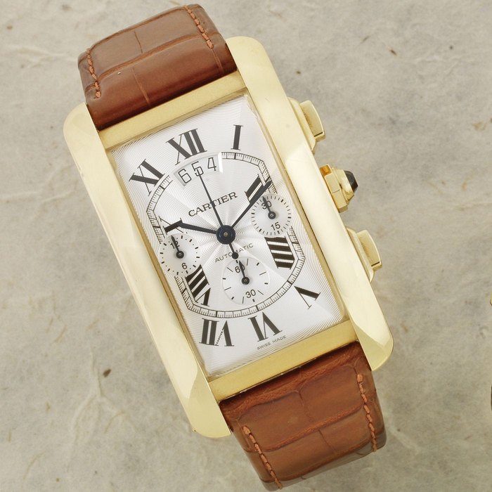 Cartier. An 18K gold rectangular automatic calendar chronograph wristwatch Tank Américaine, Ref:2892, Case No.339385CE, Circa 2005