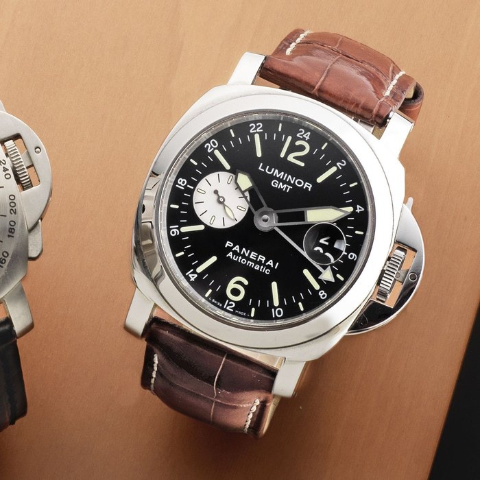 Panerai Panerai. A stainless steel cushion form automatic calendar wristwatch with dual time zone Luminor GMT, No.K1310/4500, PAM0008, OP6761, BB1291582, Movement No.527257, Sold 16th June 2008, Price & Market Data