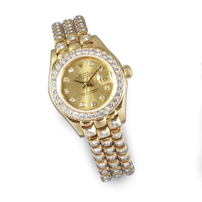Rolex. A lady's 18K gold and diamond set automatic calendar bracelet watch Datejust 'Pearlmaster' Ref:80298, Serial No.A65****, Movement No.013****, Circa 2000