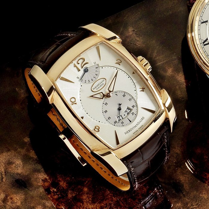 Parmigiani Fleurier. An 18K rose gold rectangular manual wind calendar wristwatch with 8-day power reserve Kalpa XL Hebdomadaire, Case No.26763, Movement No.046298, Sold April 2008
