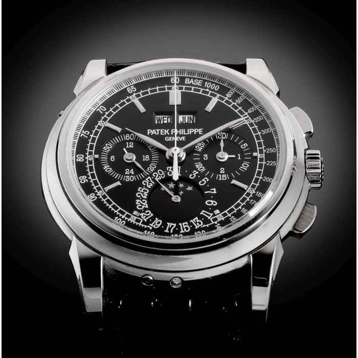 Patek Philippe. A fine platinum manual wind perpetual calendar chronograph wristwatch with moon phase Ref:5970P, Case No.4488505, Movement No.3931335, Sold 22nd August 2009