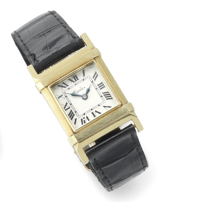 Cartier Omega Retailed by Cartier. A very unusual and rare square 18K gold manual wind wristwatch with water resistant sliding case Marine, Patent No.520.818, Case No.8376318, Movement No.7349920, Circa 1935