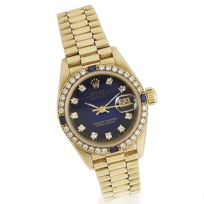 Rolex. A lady's 18k gold diamond and sapphire set automatic calendar bracelet watch Datejust, Ref:69178, Serial No.N36****, Movement No.218*****, Circa 1993