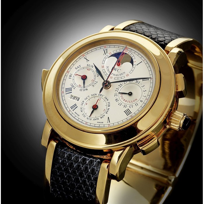 IWC. A fine and rare Limited Edition 18k gold perpetual calendar minute repeating split seconds chronograph tourbillon wristwatch with moonphase Il Destriero Scafusia, No.90/125, Case No.2537062, Movement No.2500054, Circa 1993
