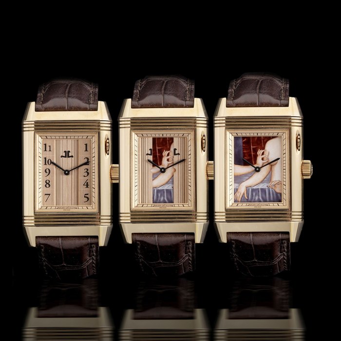 Jaeger-LeCoultre. A fine and very rare limited edition 18K rose gold rectangular manual wind reversible wristwatch with polychrome enamel dial and concealing shutters Reverso A Eclipse, Ref:246.2.79, No.3/5, Case No.2545333, Sold 30th April 2009