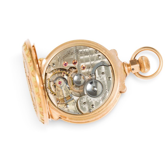 Elgin. A fine multi colored 14K gold hunter cased watch with convertible movementElgin Nat'l Watch Co., No. 607201
