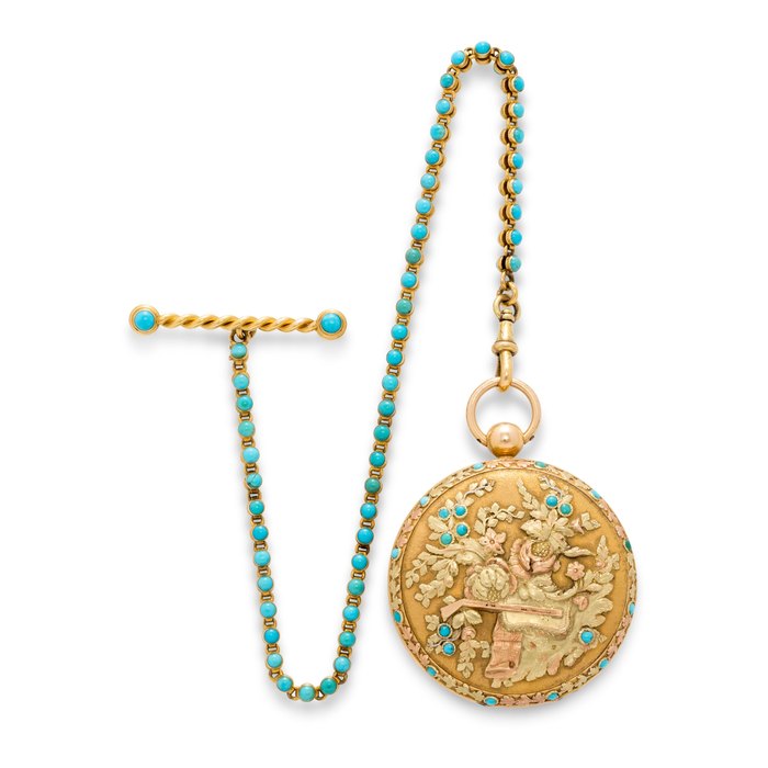 A fine vari colored gold and turquoise verge watch with chain and keySwiss, first quarter 19th century