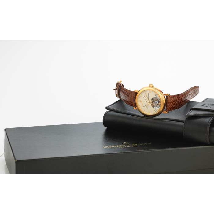 Vacheron Constantin. An 18K gold manual wind tourbillon wristwatch with power reserve indication Patrimony Tourbillon. Ref:30050/000J-8, No.53, Case No.6332**, Movement No.8165**, Circa 1990