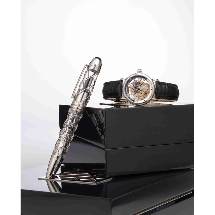 Montblanc. A fine limited edition platinum coated manual wind skeleton wristwatch with box and papers Meisterstück-skeleton star, No.236/333 Ref:29127, Circa 2001