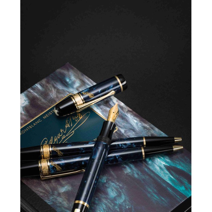 Montblanc. A fine limited edition 1998 Writers editions Edgar A Poe set include fountain pen, ballpoint pen and mechanical pencil with box and papers Ref:01727, No.00166/17000, limited 3000, manufactured in 1998 · 01727