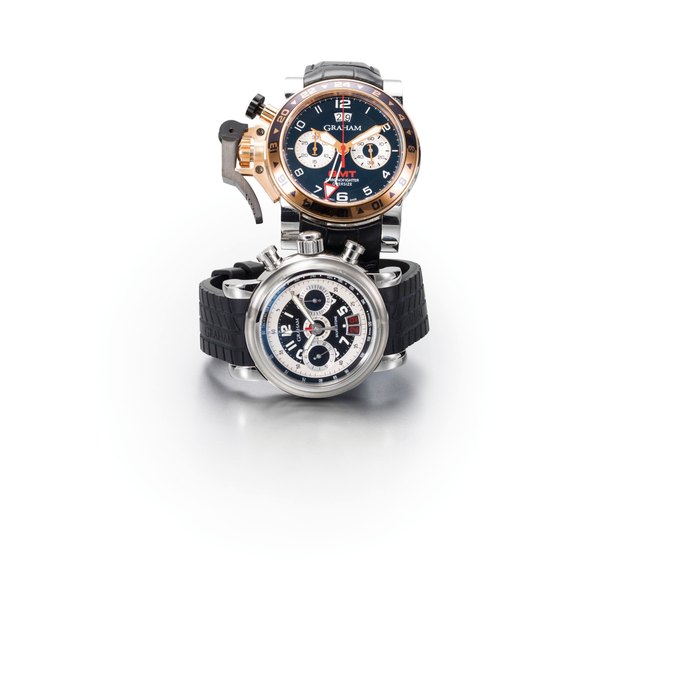  Graham. An 18K rose gold and stainless steel automatic calendar chronograph second time zone wristwatch with box and papers Chronofighter Oversize GMT Big Date, Ref:20VGG, Case No.44, sold 14th October 2010, Price & Market Data