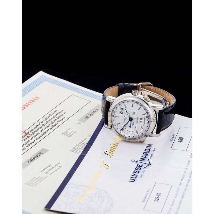 Ulysse Nardin. A fine and rare limited edition platinum wristwatch with perpetual calendar, second time zone, presentation box, COSC Certificate, and Certificate of Limited Edition GMT Perpetual, No.489/500, Ref.329-80, Circa 2002