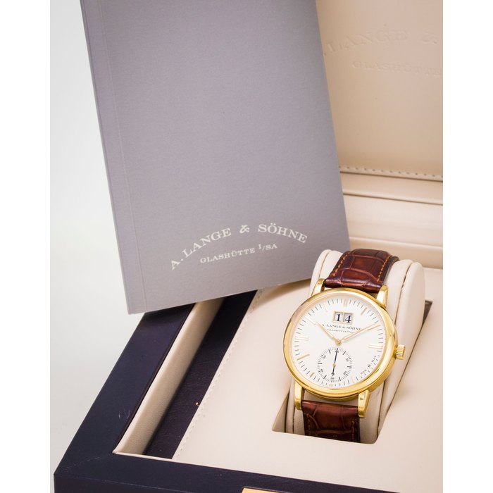 A. Lange & Söhne. A fine 18K gold automatic wristwatch with date and presentation boxSax-O-Mat, Ref:308.021, Movement No. 9616, Case No.119752, Circa 2001