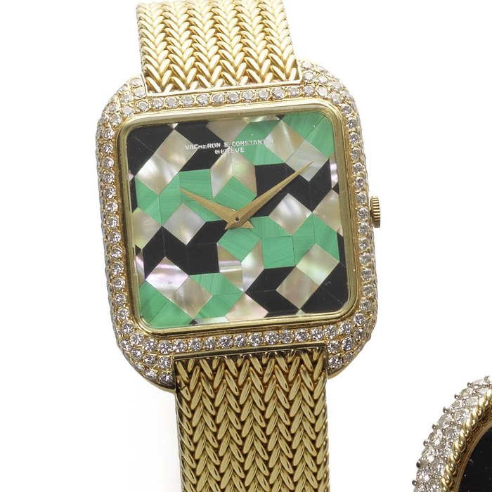 Vacheron Constantin Vacheron & Constantin. An 18ct gold automatic bracelet watch with malachite, onyx and mother of pearl dial Case No.521198PP, Movement No.689806, Circa 1970