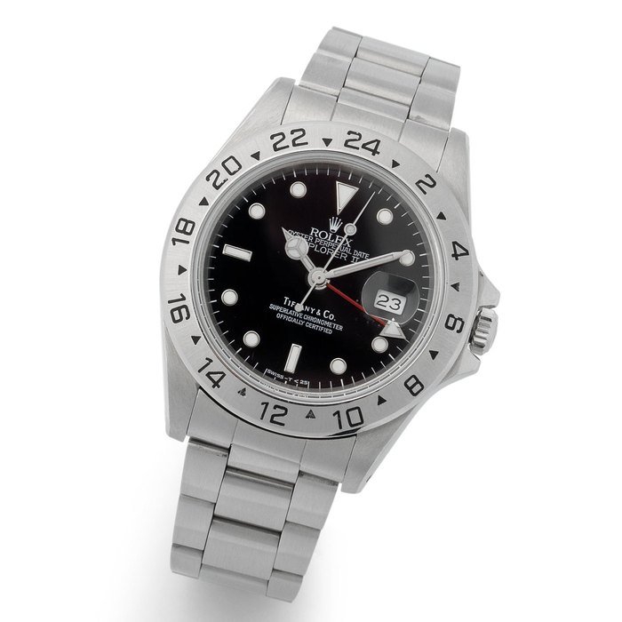 Tiffany & Co Rolex. A fine and rare stainless steel automatic calendar bracelet watch with dual time zone indication and 'Tiffany & Co' signed dial Explorer II, Ref:16570, Serial No. N219***, sold by Rolex Inc USA in February 1992 · 16570