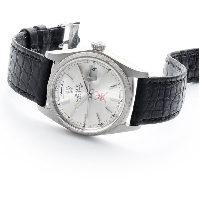 Rolex. A fine and rare 18ct white gold automatic calendar wristwatch with day and date, made for the Sultanate of Oman and bearing the Khanjar emblem Oyster Perpetual, Day-Date, Ref:18079, Serial No. 5288*** Supplied in September 1977