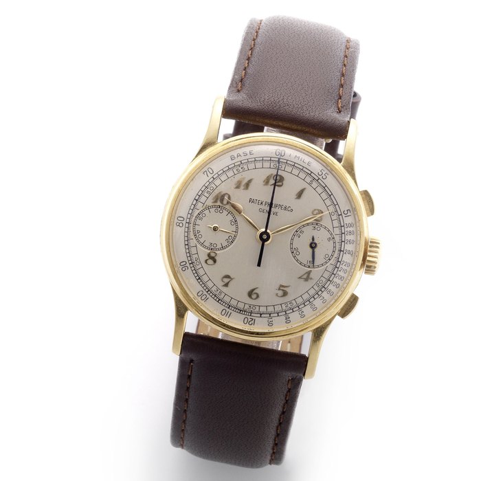 Patek Philippe. A fine and rare 18ct gold manual wind chronograph wristwatch with Breguet numerals Ref:130, Case No.646763, Movement No.863870, Circa 1947