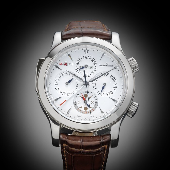 Jaeger-LeCoultre. A stainless steel automatic perpetual calendar wristwatch with alarm and moon phase Master Grand Reveil, Ref:149.8.95, Movement No.3255584, Sold 27th March 2010