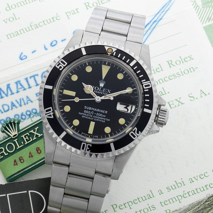 Rolex. A stainless steel automatic calendar bracelet watch Submariner, Ref:1680, Serial No.597****, Sold 6th October 1986