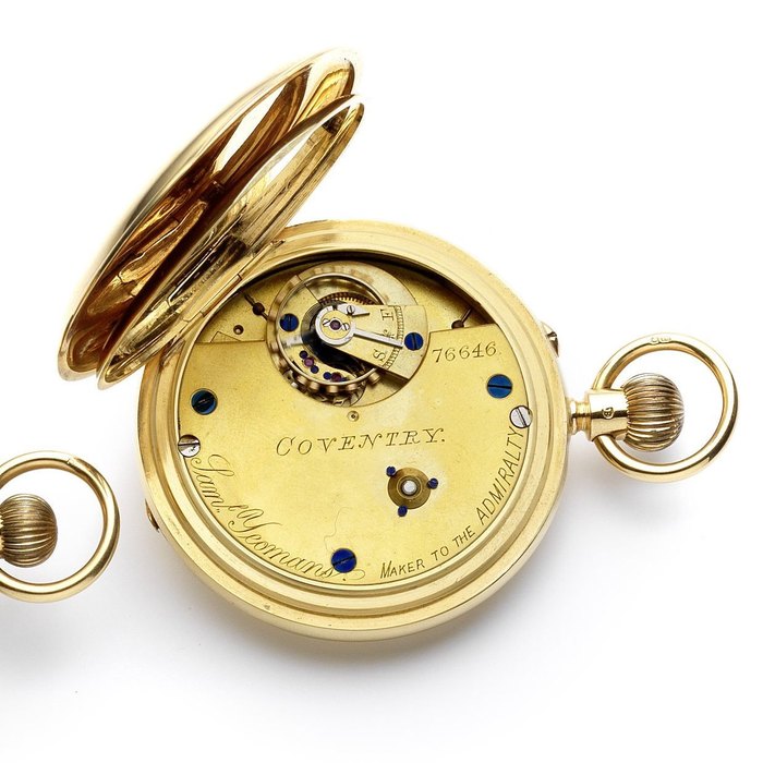 Sam Yeomans. A fine 18ct gold early 20th century full hunter keyless wind pocket watch Numbered 76646, Chester Hallmark for 1904