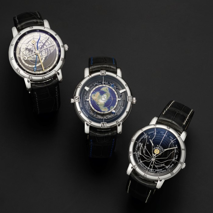 Ulysse Nardin. A fine and rare set of three platinum trilogy limited edition automatic astronomical wristwatches Comprising: Astrolabium Gallileo Galilei, Tellurium Johannes Kepler and Planetarium Copernicus. All No.17/100, Sold 31st January 2006