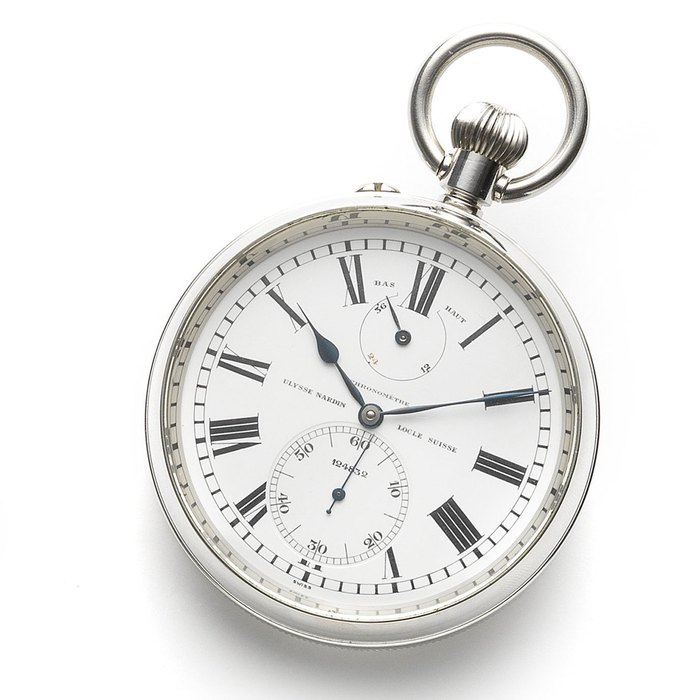 Ulysse Nardin. A rare stainless steel keyless wind open face deck watch with power reserve Case numbered 71192, Movement and Dial numbered 124832, Circa 1920