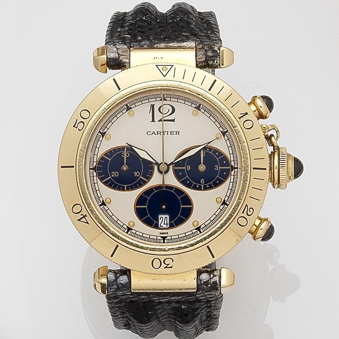 Cartier Cartier. An 18ct gold quartz calendar chronograph wristwatch Pasha, Case No.1991300090886, Sold 16th April 1992