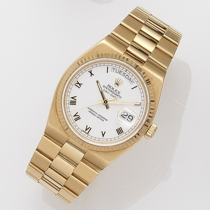 Rolex. An 18ct gold quartz calendar bracelet watch Oysterquartz Day-Date, Ref:19018N, Serial No.N35****, Movement No.013****, Circa 1993