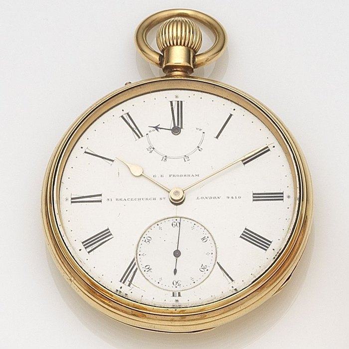  G. E. Frodsham, 31 Gracechurch St, London. An 18ct gold keyless wind open face pocket watch Case No.10, Dial & Movement No.9410, London Hallmark for 1870, Price & Market Data