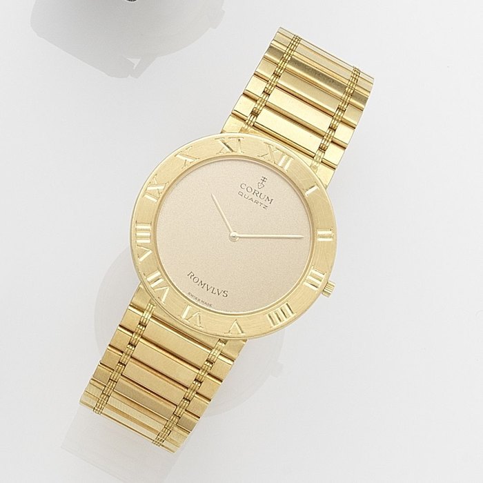 Corum Corum. An 18ct gold quartz bracelet watch Romulus, Ref:50.503.56V48, Case No.449544, Movement No.290457, Sold 26th August 1989, Price & Market Data