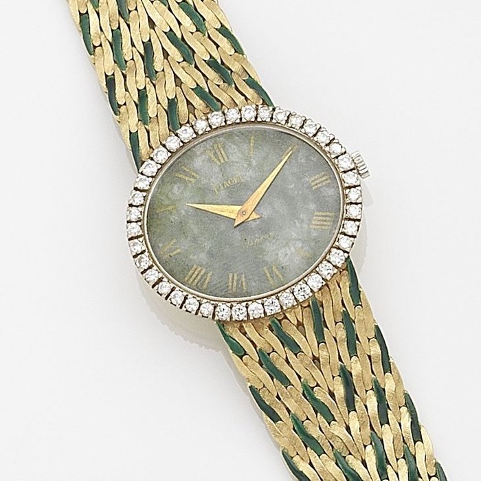 Piaget. A lady's 18ct gold and diamond set manual wind bracelet watch with enamel decoration Retailed by Asprey, Ref:9806 E 44, Case No.178565, Movement No.6906869, Birmingham Import mark for 1969