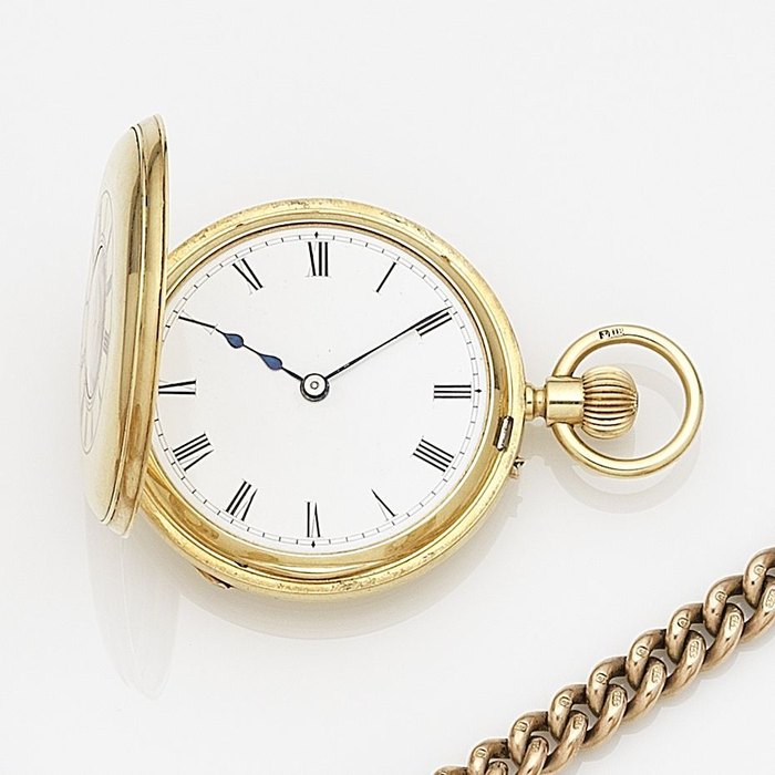 James Bishopp, 20 Bunhill Row, London. An 18ct gold keyless wind half hunter pocket watch Case, Cuvette & Movement No.56529, London Hallmark for 1883