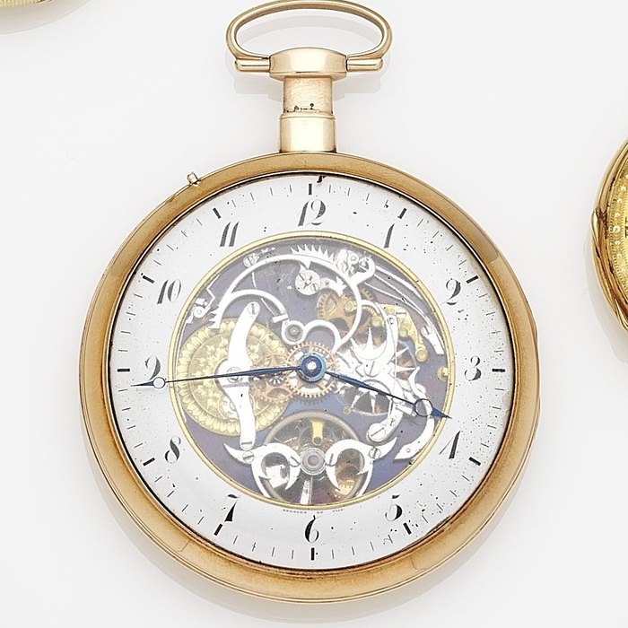 Breguet Swiss. An 18ct gold key wind open face quarter repeating skeletonised pocket watch Case No.3084, Circa 1810
