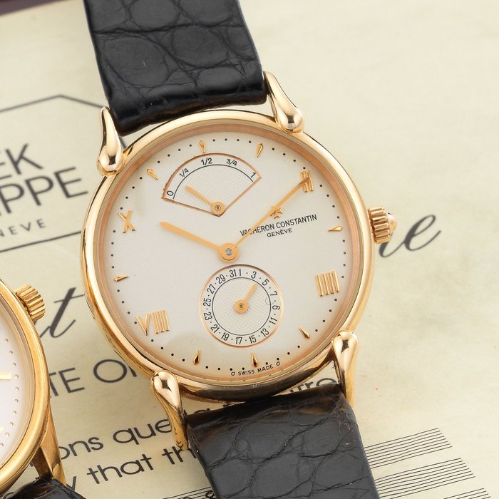 Vacheron Constantin. An 18K rose gold automatic calendar power reserve wristwatch with certificate of Origin Historique, Ref:48100/2, Case No.672861, Movement No.853638, Circa 1995