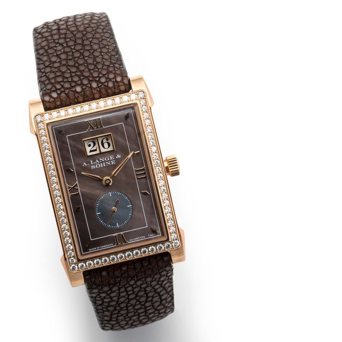 A. Lange & Söhne. An 18K rose gold, diamond set and mother-of-pearl manual wind calendar wristwatch with box and papers Cabaret, Case No.173996, Movement No.53206, Circa 2000
