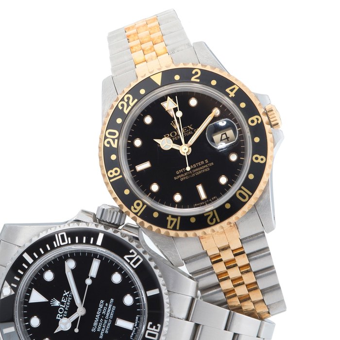 Rolex. A stainless steel and 18K gold automatic calendar second time zone bracelet watch GMT-Master II, Ref:16713, Case No.N358032, Circa 1992
