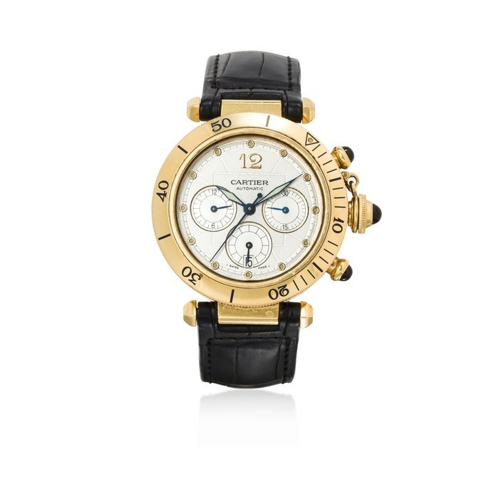 Cartier Cartier. A fine 18K gold automatic chronograph wristwatch with datePasha, Ref: 2111, No. 386519MG, 2000's