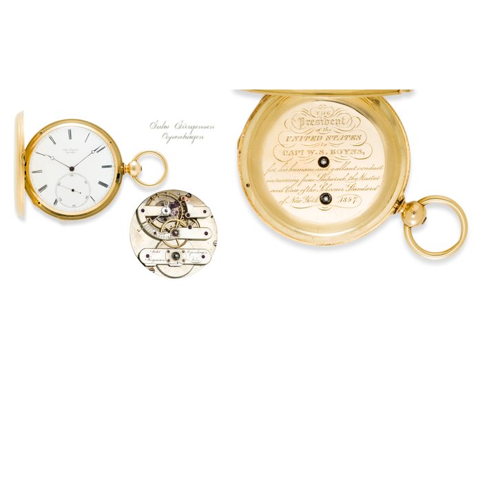 Breguet Jules Jurgensen, Copenhagen. A fine and rare 18K gold United States Presidential lifesaving presentation hunter cased pivoted detent chronometerNo. 8121, presented in 1857, Price & Market Data