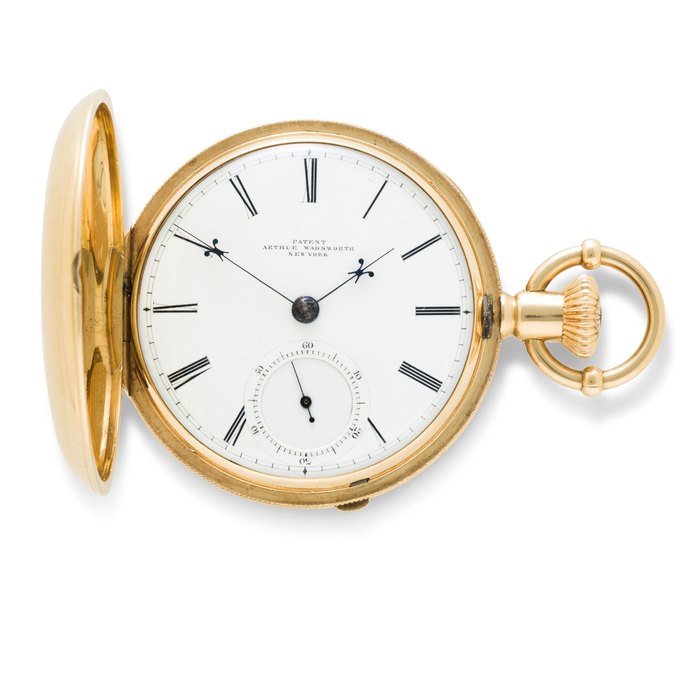 Newark Watch Co. A fine and rare 18K gold hunter cased patent keyless watchNo. 3844, signed on the dial "Patent / Arthur Wadsworth / New York" and on the movement "Keyless Watch / Patented June 19th, 1866", the case also inscribed with patent date