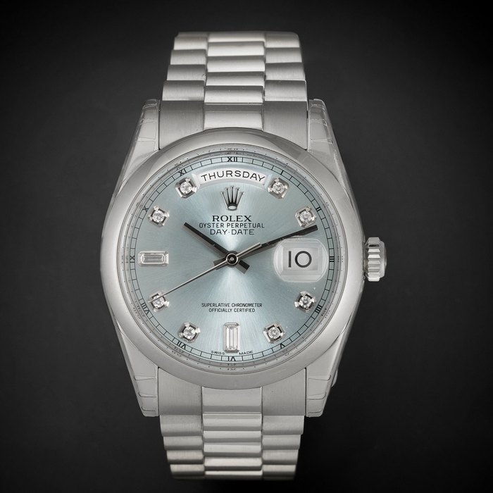 Rolex. A very fine platinum and diamond set automatic calendar bracelet watch Day-Date, Ref:118206, Serial No.472****, Movement No.394*****, Recent