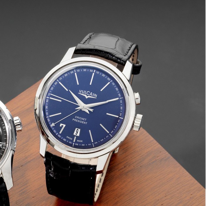 Vulcain. A stainless steel manual wind calendar alarm wristwatch with unique dialCricket President, Case No.160151.440, Sold 13th May 2013