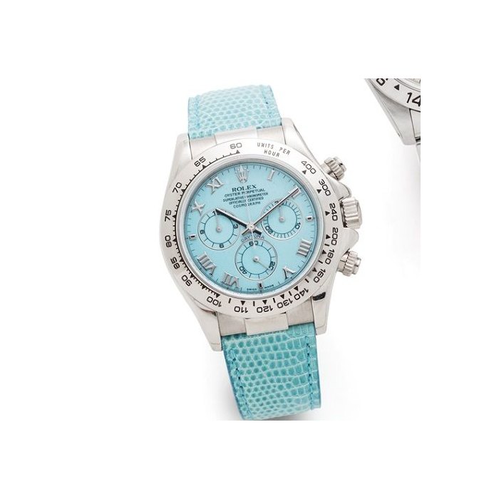 Rolex. An unusual 18K white gold and turquoise dial automatic chronograph wristwatchDaytona "Beach", Ref: 116519, Case No.P436762, Sold 5th April 2001