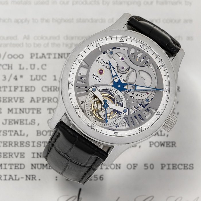 Chopard. A limited edition platinum skeletonised tourbillon wristwatch with power reserve Ref:16/91901, No.49/50, Serial No.1219256, Movement No.102774, Sold 14th December 2007
