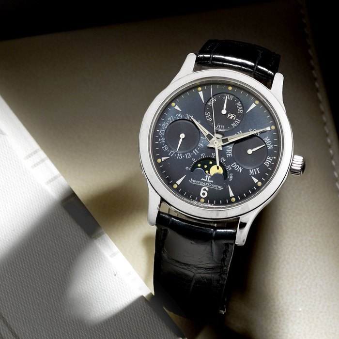 Jaeger-LeCoultre. A limited edition platinum automatic perpetual calendar wristwatch with moon phase Master Control, Ref:140.6.80, No.056/250, Movement No.2823068, Circa 2000