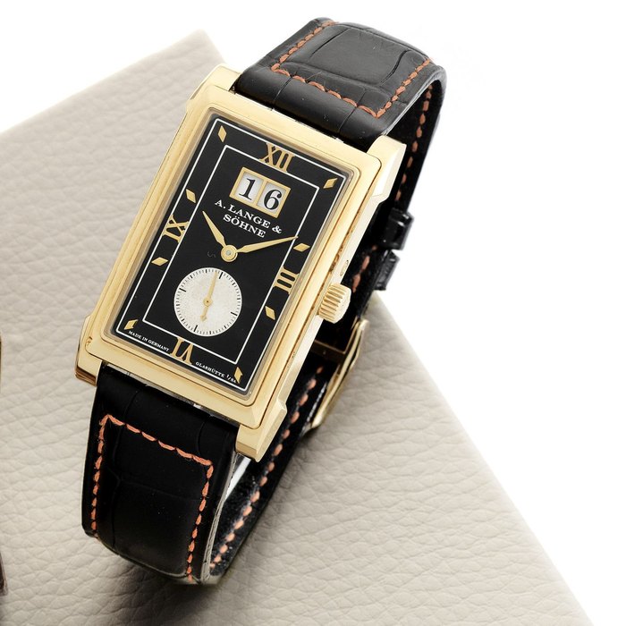 A. Lange & Söhne. An 18K rose gold manual wind calendar rectangular wristwatch Cabaret, Case No.137344, Movement No.27368, Circa 2000