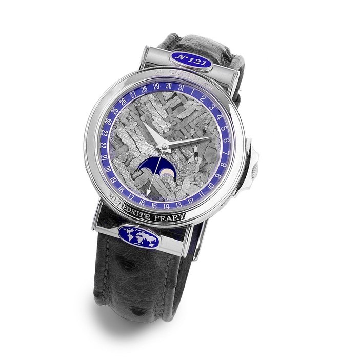 Corum. A fine and rare platinum and meteorite automatic wristwatch with moon phase Meteorite Peary, Ref:71.450.70, No.121, Case No.460332, Movement No.2445295, Circa 1990