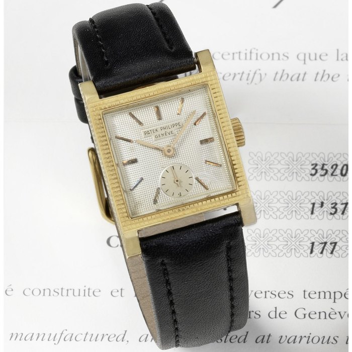 Patek Philippe. An 18K gold manual wind square wristwatch Ref:2496, Case No.514760, Movement No.742698, Circa 1959