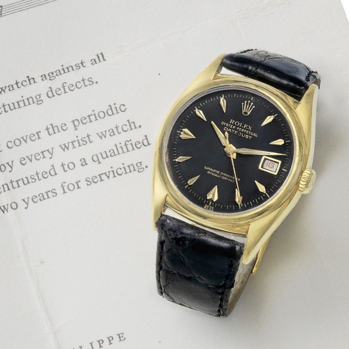 Rolex. An 18k gold automatic calendar wristwatch with roulette date wheel Datejust, Ref:6041, Serial No. rubbed, Movement No.584**, Circa 1950