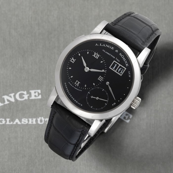 A. Lange & Söhne. A fine platinum manual wind calendar wristwatch with power reserve Lange 1, Case No.148337, Movement No.35255, Sold 2nd August 2006