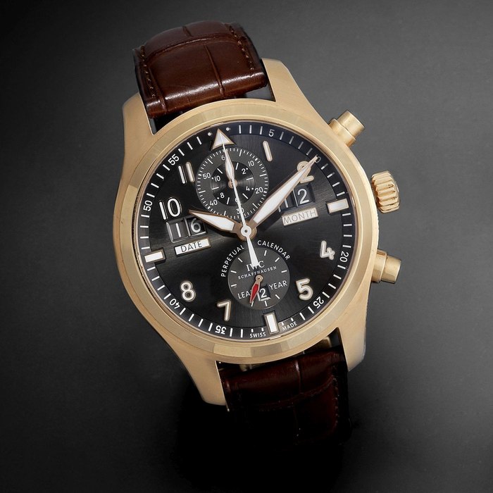 IWC IWC. A fine 18K rose gold automatic perpetual calendar chronograph wristwatch with 68 hour power reserve Spitfire, Ref:3791, Case No.5074077, Movement No.3593616, Sold 1st October 2012, Price & Market Data